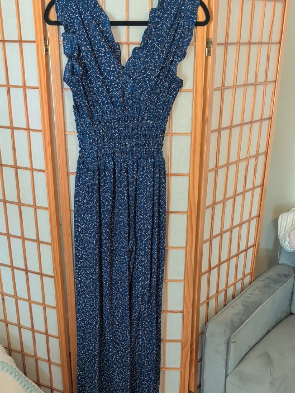 Max Studio Navy Blue Floral Ruffle Jumpsuit - Picture 2 of 5